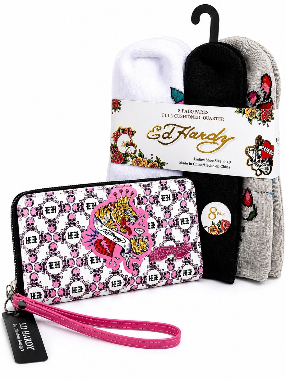 Ed Hardy Women's Studded Wallet & 8 Pair Socks Sz 4-10 Set Pink Skulls Y2K NWT